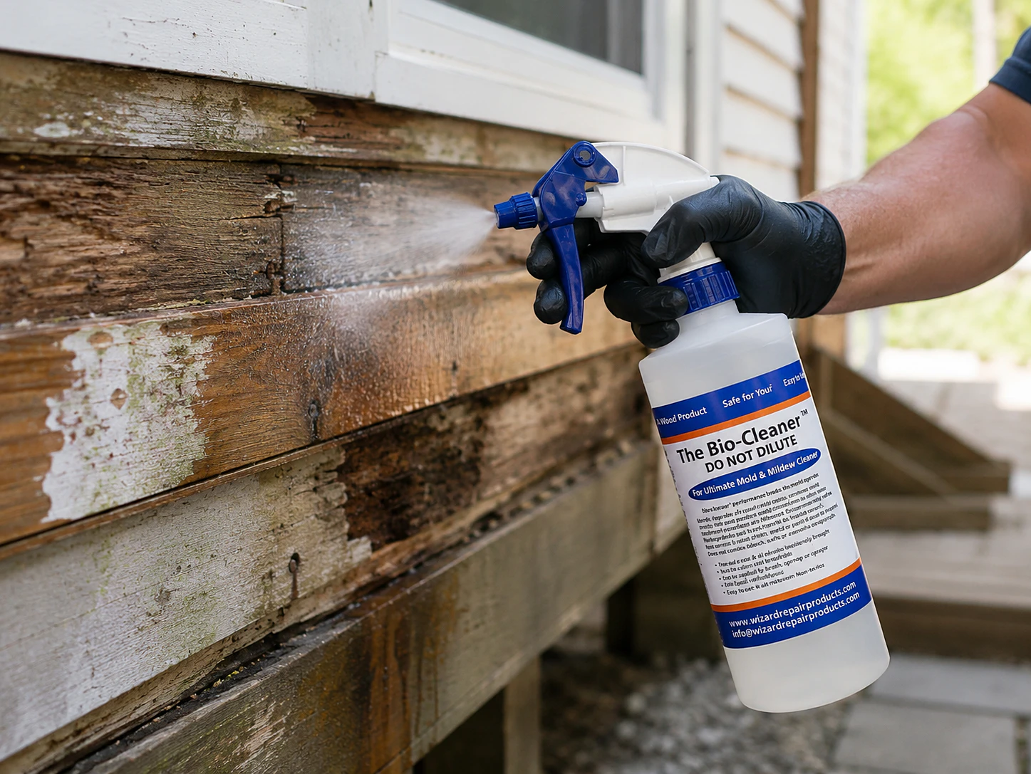 WRP Bio-Cleaner being sprayed onto weathered wood to prepare the surface for wood restoration and repair.
