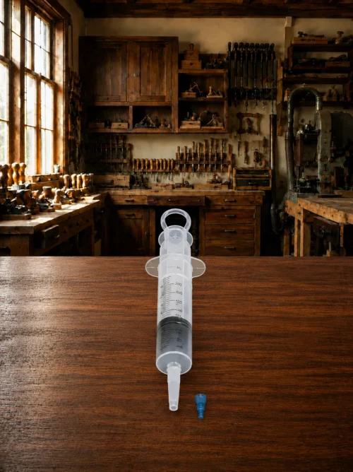 WRP 40 mL injection syringe for applying epoxy liquid into hard-to-reach wood cavities.