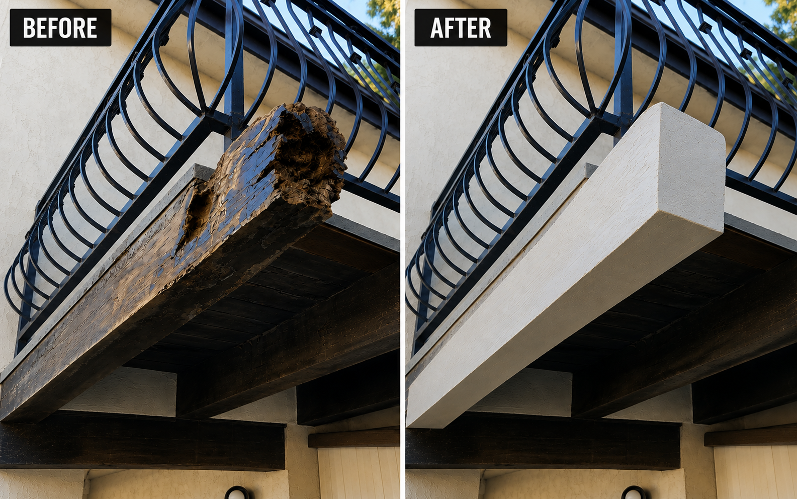Before and after wood beam repair using the WRP wood repair epoxy system to permanently restore rotten structural wood.