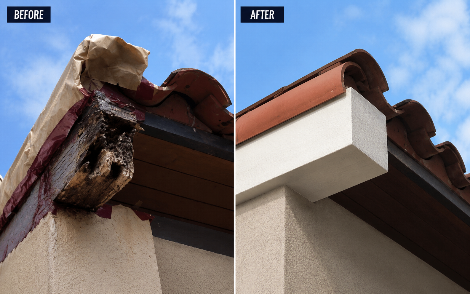 Before and after beam end repair restored with the WRP wood repair epoxy system for a permanent structural repair.