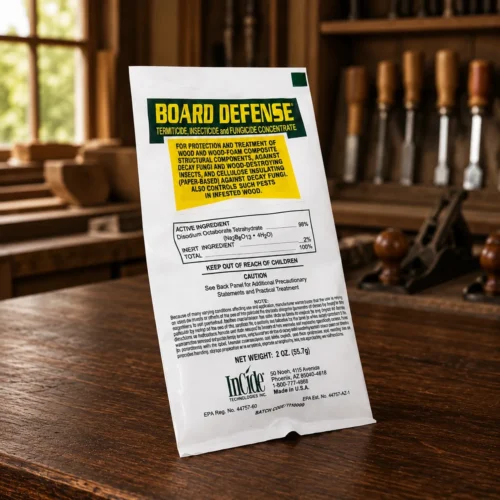 WRP Board Defense borate wood preservative for protecting wood against rot, decay, fungi, and wood-destroying insects before restoration.