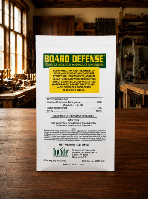 WRP Board Defense borate wood preservative for protecting bare wood against rot, fungi, termites, and wood-destroying insects