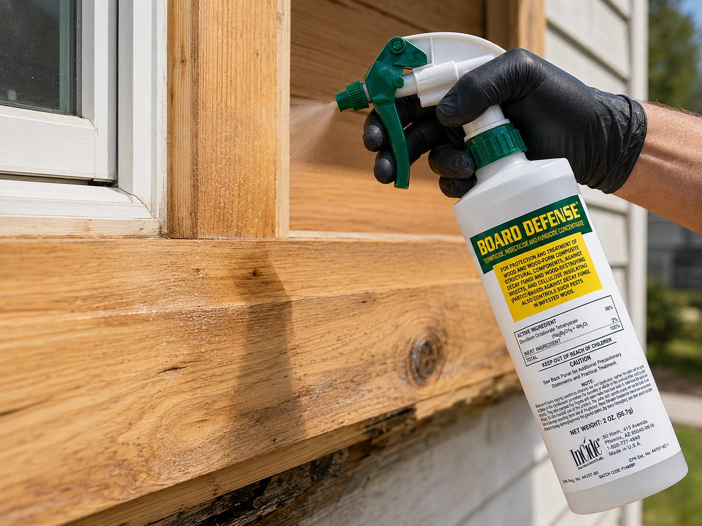 WRP Board Defense borate wood preservative being sprayed onto clean exposed wood before structural wood repair.