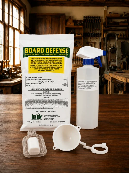 WRP Borate Wood Treatment Kit with Board Defense, spray bottle, and accessories for protecting bare wood.