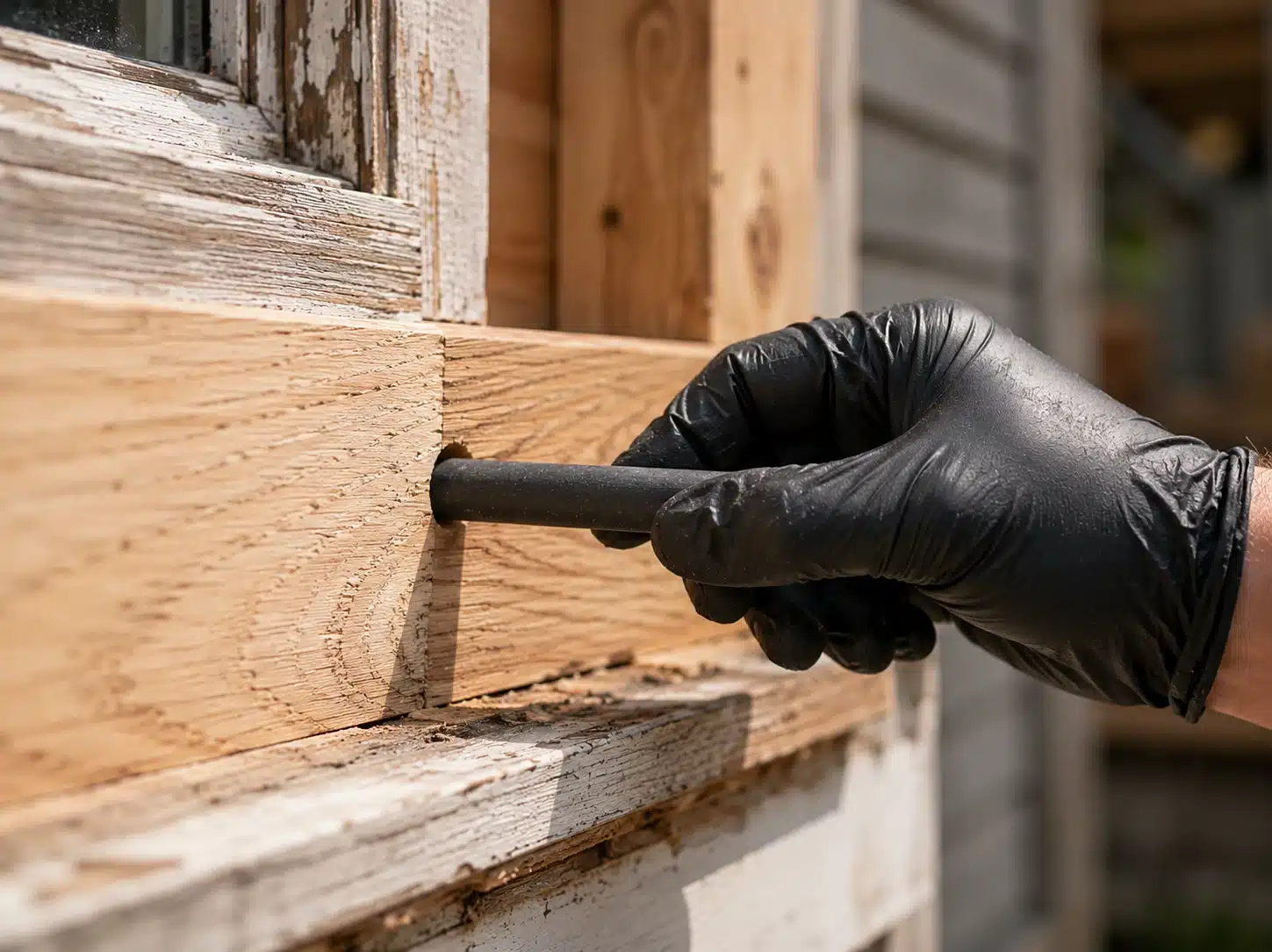 Gloved hand installing a WRP Cobra Rod into pre-drilled wood during a structural wood repair.