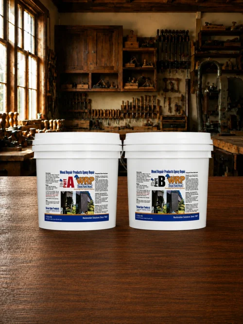 WRP Dough A and B structural epoxy repair compound for rebuilding and restoring damaged wood.
