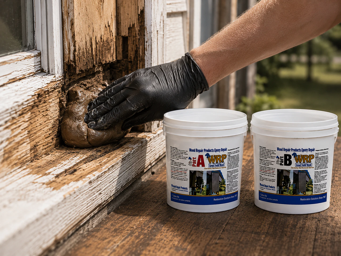 Gloved hand pressing WRP Epoxy Dough A & B into a cleaned wood repair cavity during a structural wood restoration.
