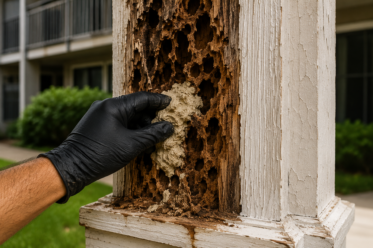 Industry professional repairing severely damaged wood column using the WRP wood restoration system.