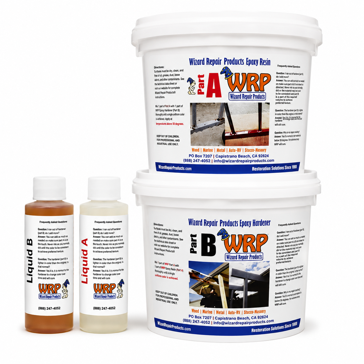 WRP Large Wood Repair Kit with Part A epoxy resin, Part B epoxy hardener, and wood repair liquids for repairing large rotten wood restoration projects.