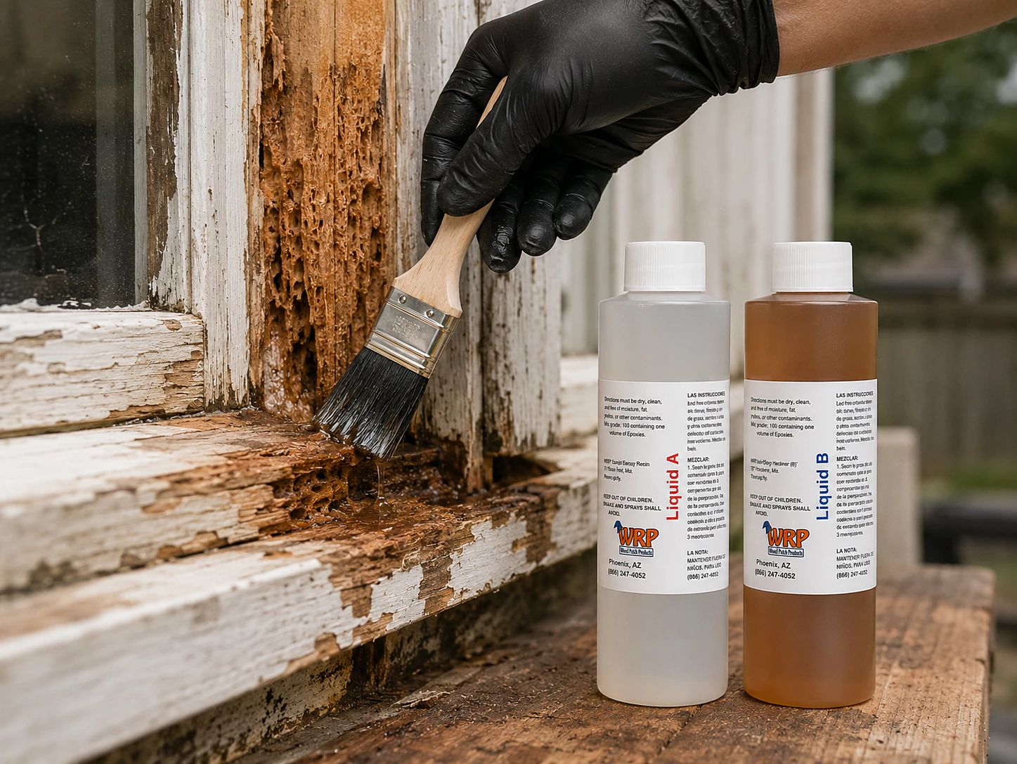 Gloved hand brushing WRP Liquid A & B Wood Consolidant into cleaned, deteriorated wood before structural epoxy repair.