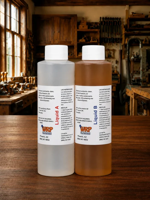 WRP Liquid A and B wood consolidating resin and hardener for strengthening deteriorated wood before epoxy repair.