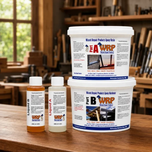 WRP Medium Wood Repair Kit with epoxy dough and liquid consolidants for repairing, rebuilding, and restoring damaged wood.