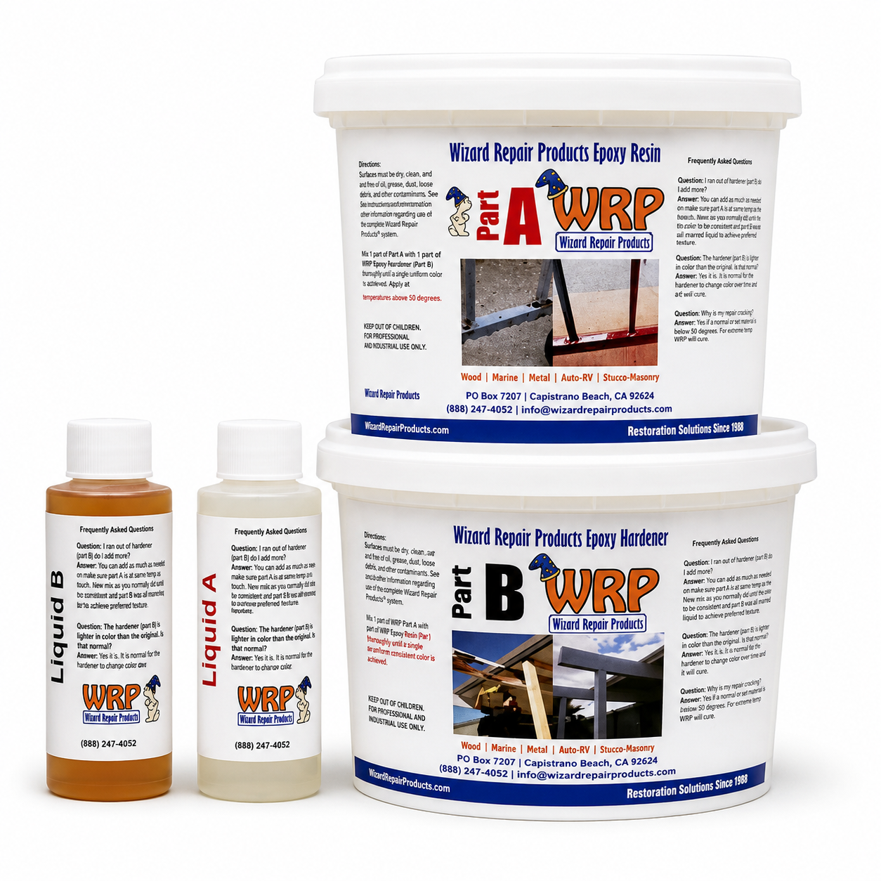 WRP Medium Wood Repair Kit with Part A and Part B epoxy resin, epoxy hardener, and wood repair liquids for repairing rotten wood.