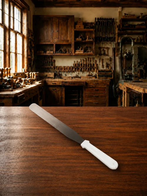 WRP stainless steel cut-off knife and mixing tool for shaping epoxy wood repairs.