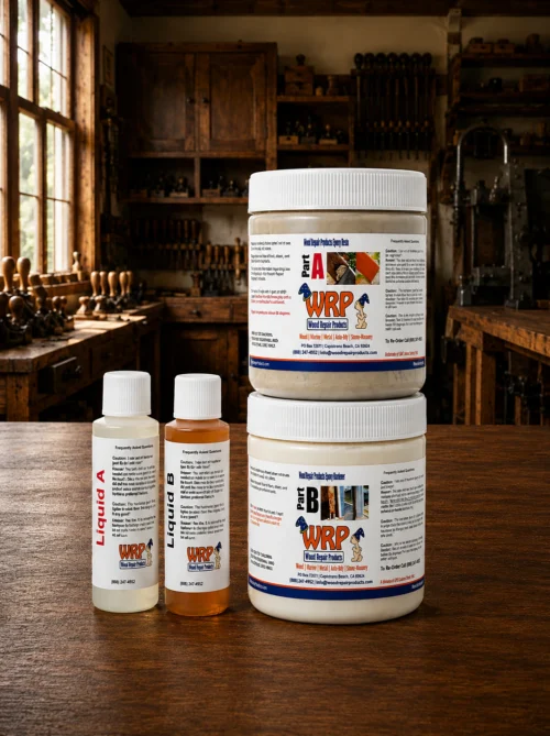 WRP Starter Wood Repair Kit with epoxy dough, liquid resin, and hardener for repairing damaged wood.