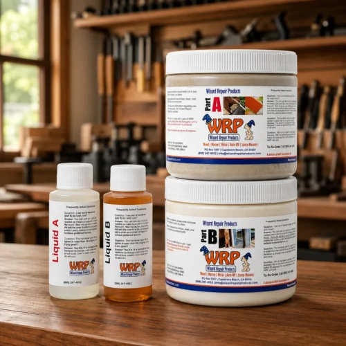WRP Starter Wood Repair Kit including Part A and Part B epoxy dough with Liquid A and Liquid B for permanent wood repair and restoration.