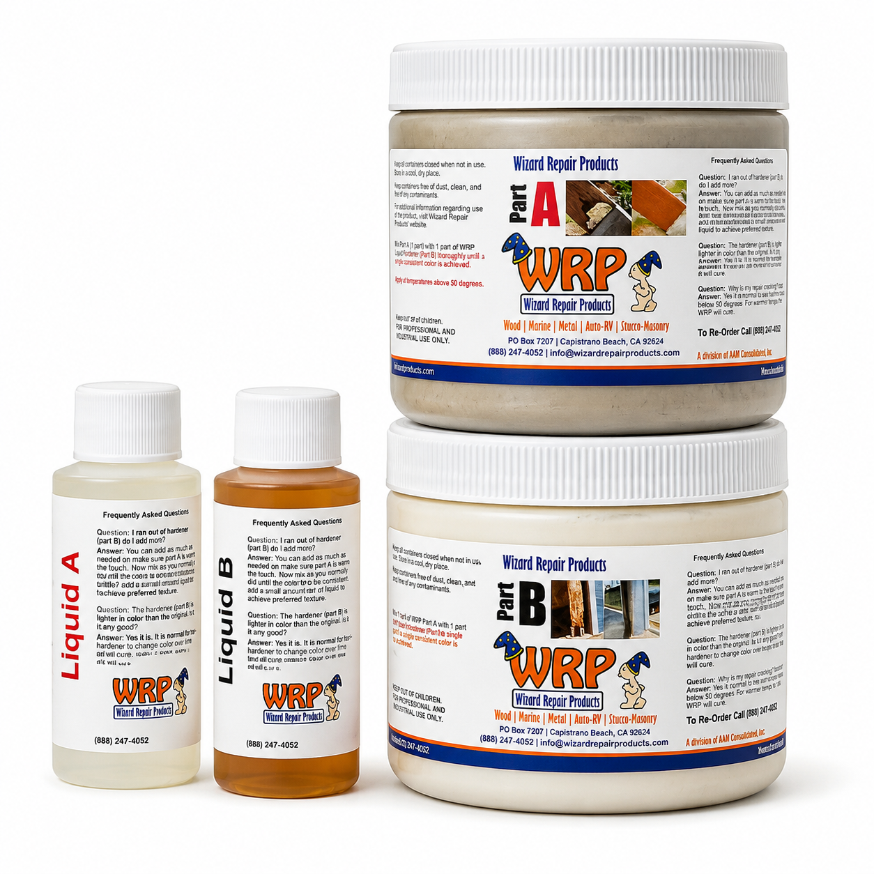 WRP Starter Wood Repair Kit with Part A and Part B epoxy dough and wood repair liquid for repairing rotten wood.