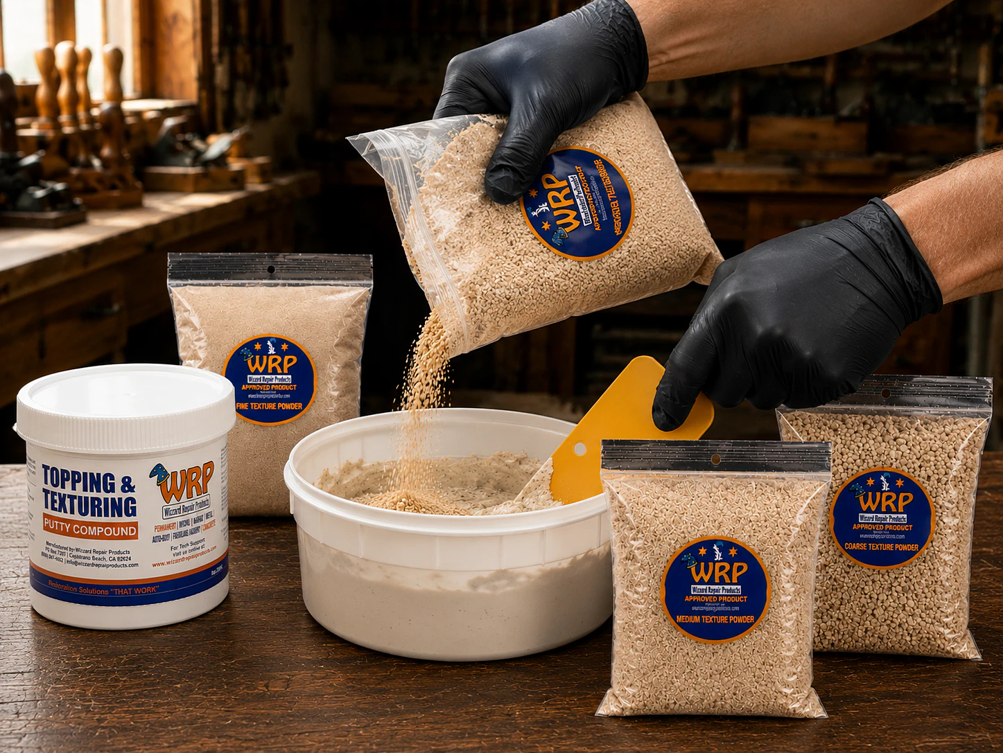 Gloved hand applying WRP Texture Powder over fresh WRP Topping Compound to create a realistic wood grain texture before priming and painting.