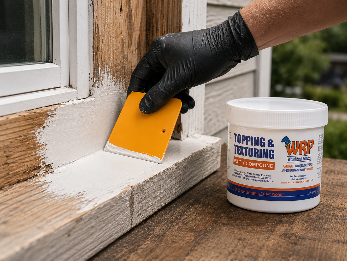 Gloved hand applying WRP Topping Compound with a yellow spreader to create a smooth, paint-ready wood repair.