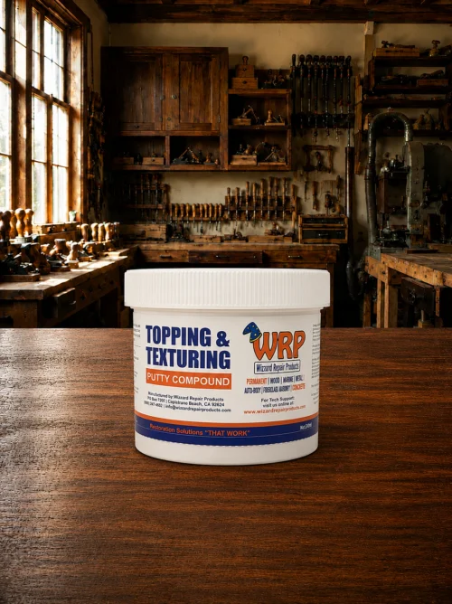 WRP Topping and Texturing Compound for smoothing repairs and matching natural wood texture before painting.