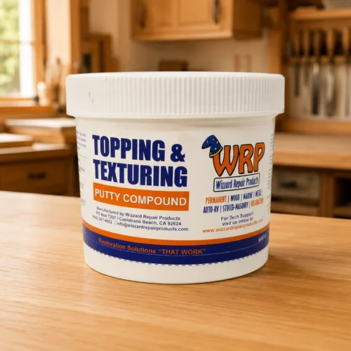 WRP Topping & Texturing Putty used to create a smooth, paint-ready surface and rebuild damaged wood after epoxy repairs.