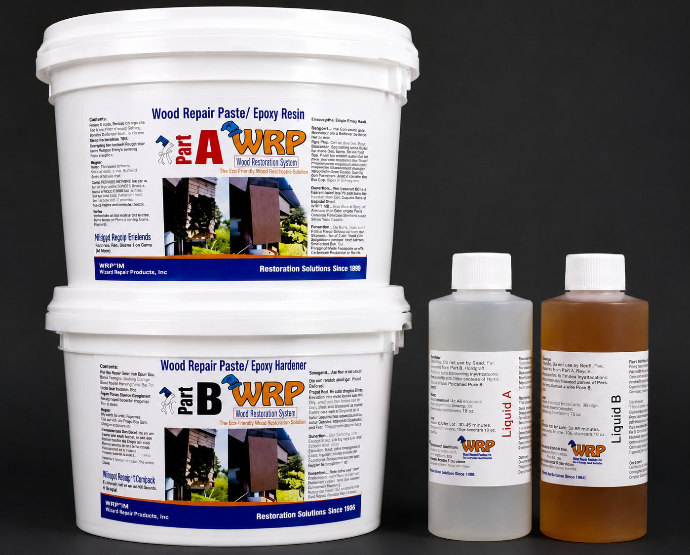 WRP Wood Repair Kit including epoxy resin, hardener, Liquid A and Liquid B for permanent wood restoration.