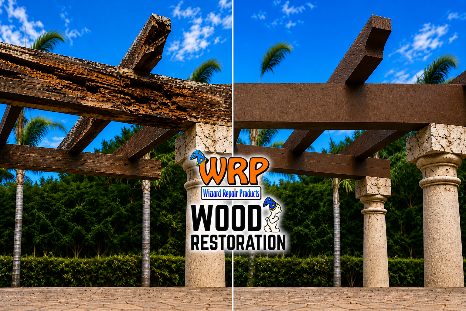 Three-step WRP wood repair process showing before and after restoration.