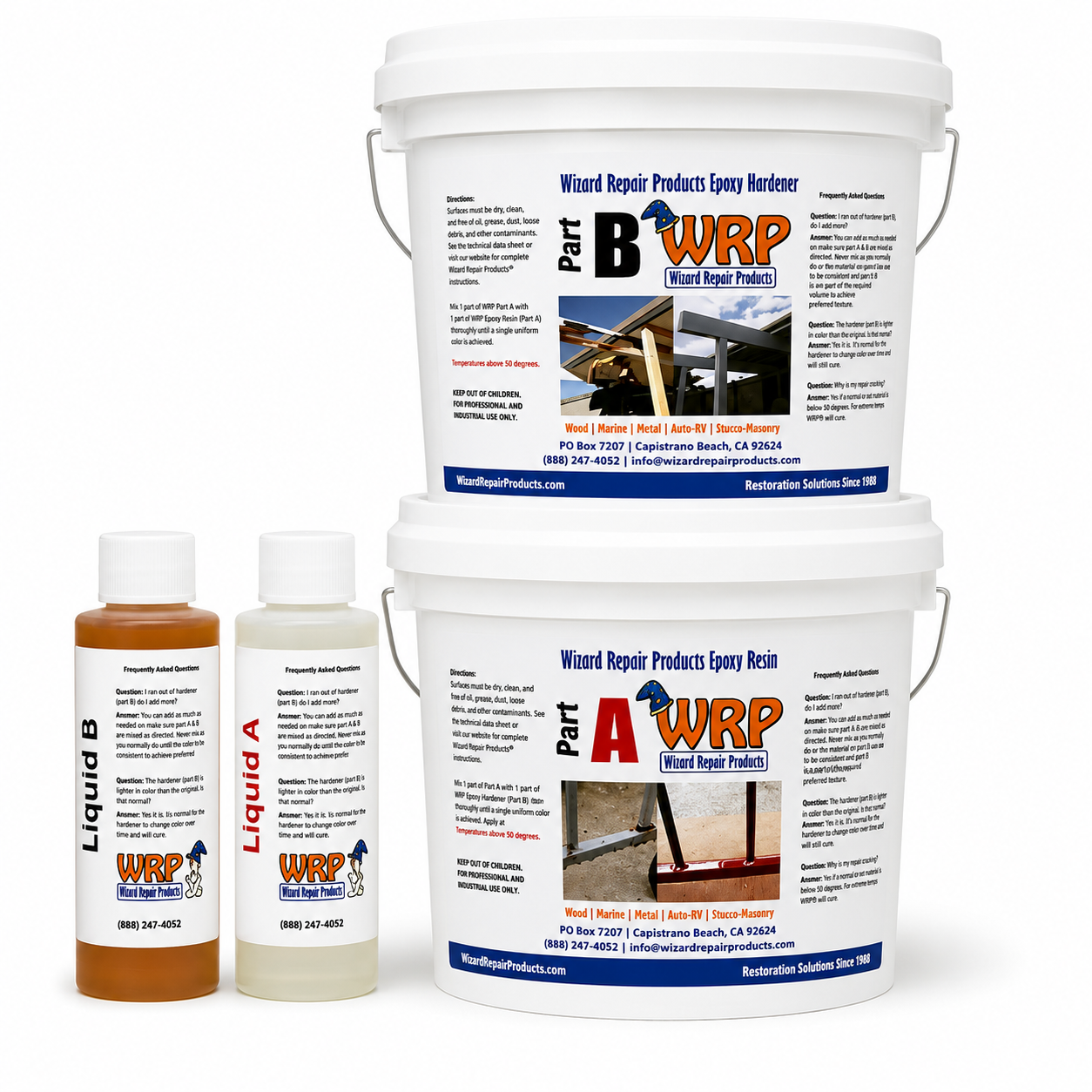 WRP XL Wood Repair Kit with Part A epoxy resin, Part B epoxy hardener, and wood repair liquids for repairing extensive rotten wood and structural restoration projects.