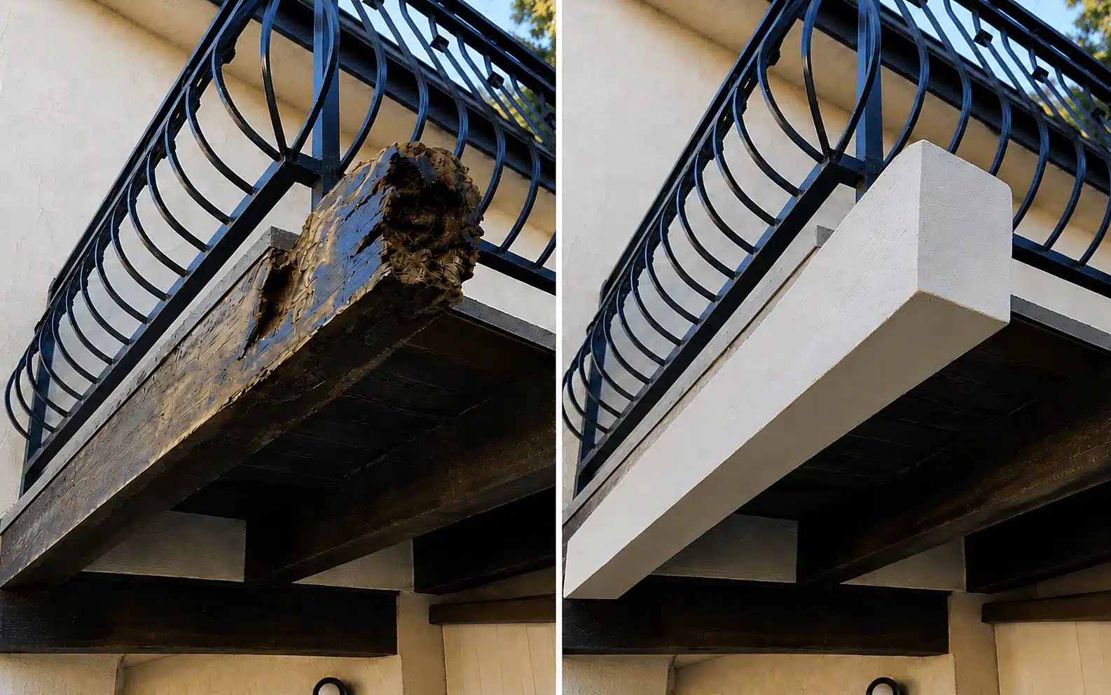 Before and after exterior wood beam repair using the WRP Wood Repair System