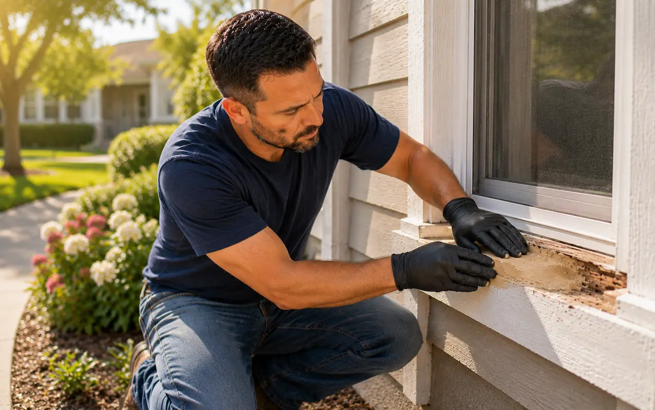 Homeowner repairing damaged exterior wood with epoxy wood repair.