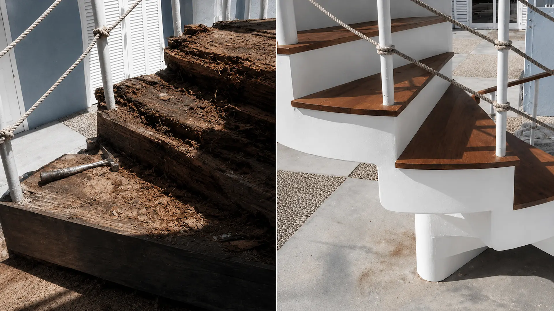Before and after restoration of rotted exterior wood stairs