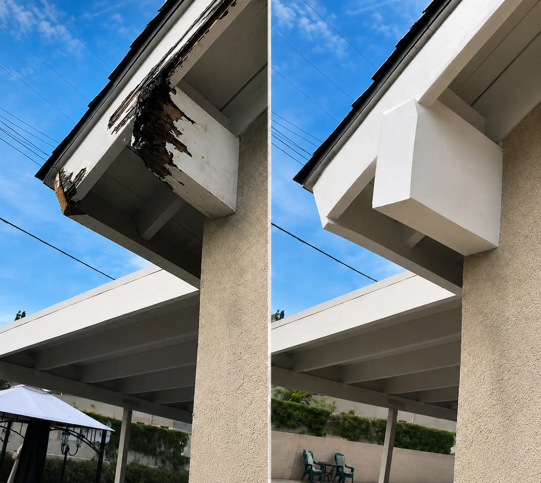 Before and after restoration of a deteriorated structural wood beam end