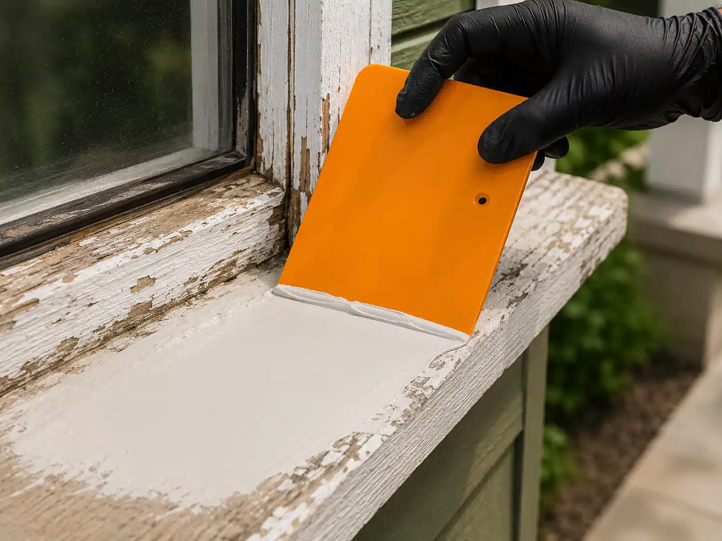 WRP 6-inch spreader applying WRP Topping Compound to a repaired wood window sill during a professional wood restoration project.