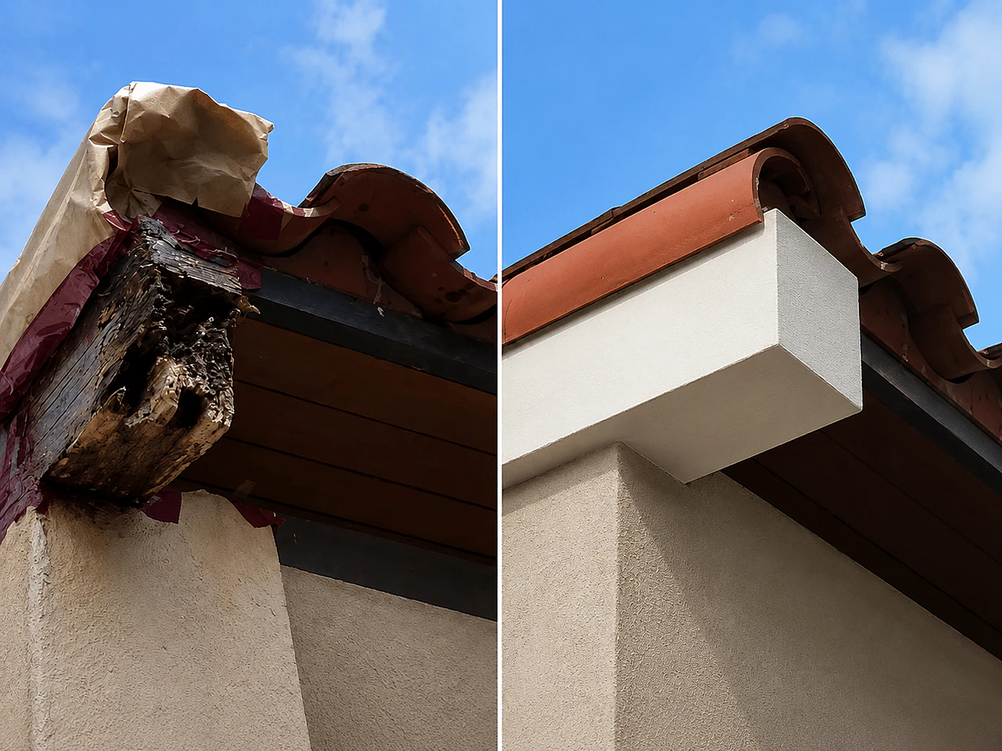 Before and after restoration of a damaged wood beam end using the WRP Wood Repair System