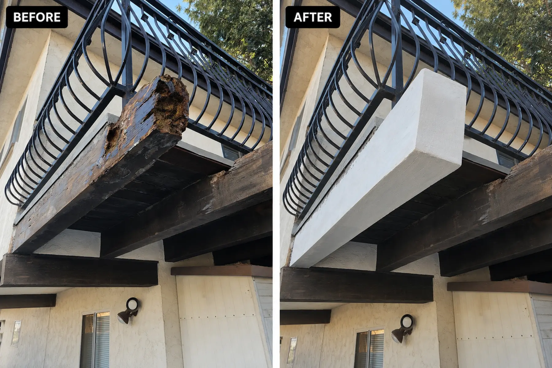 Before and after structural deck beam wood rot repair with WRP epoxy wood repair system.