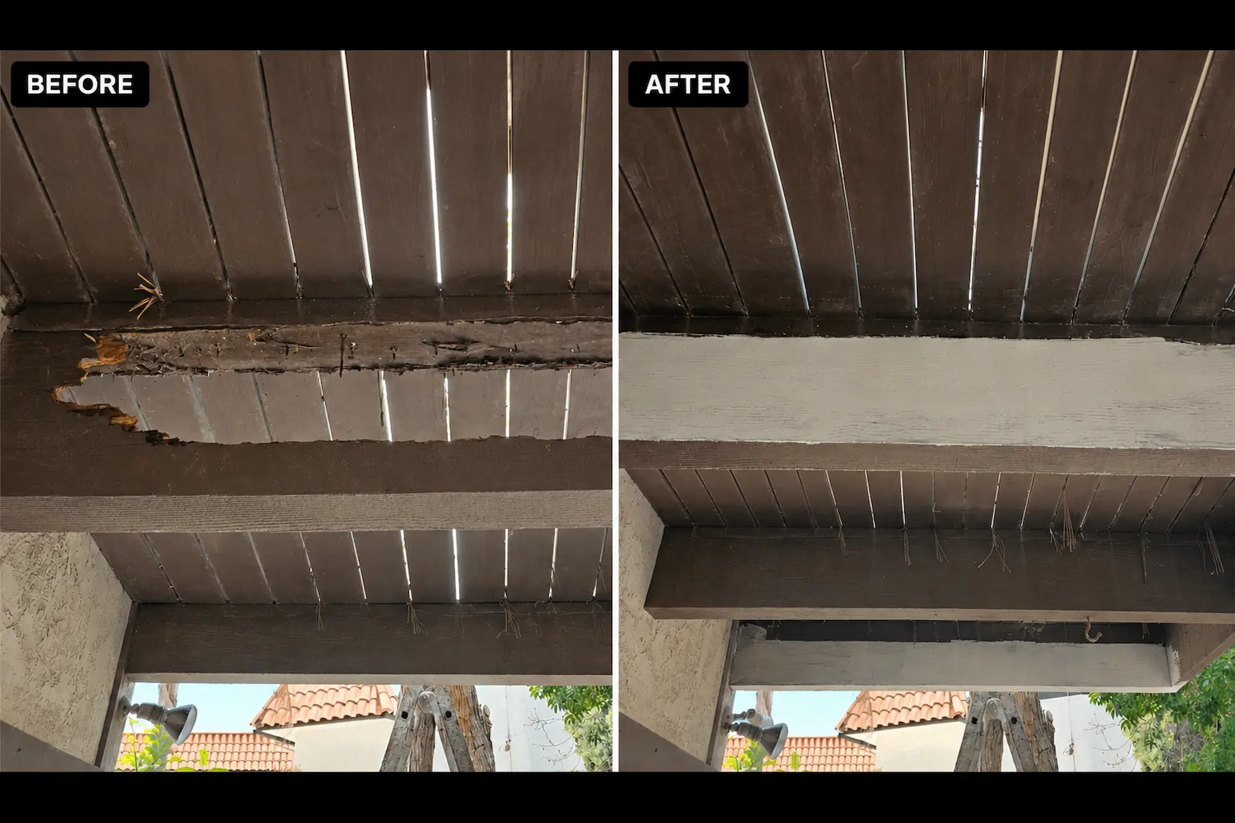 Before and after load-bearing beam wood rot repair with WRP epoxy wood repair system.