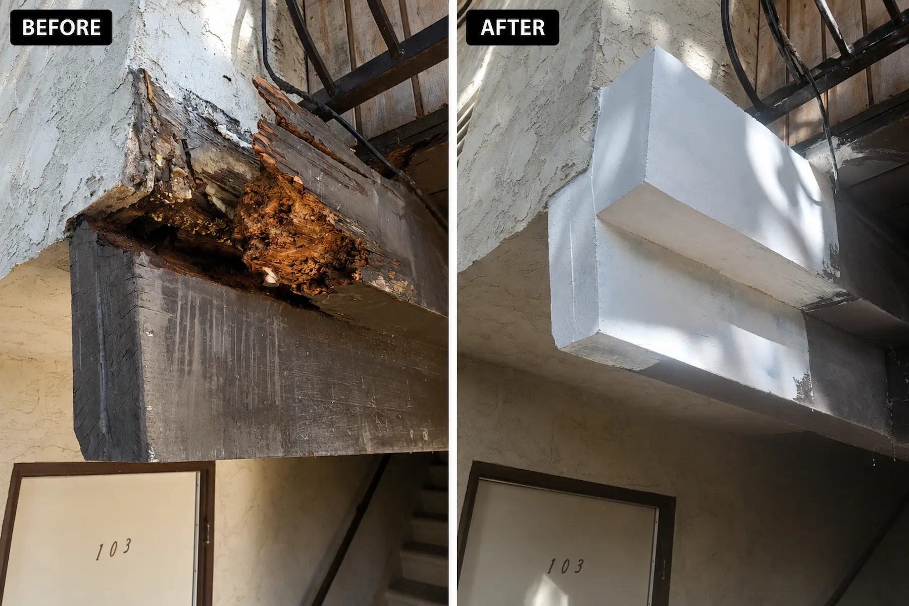 Before and after deck end beam wood rot repair with WRP epoxy wood repair system.
