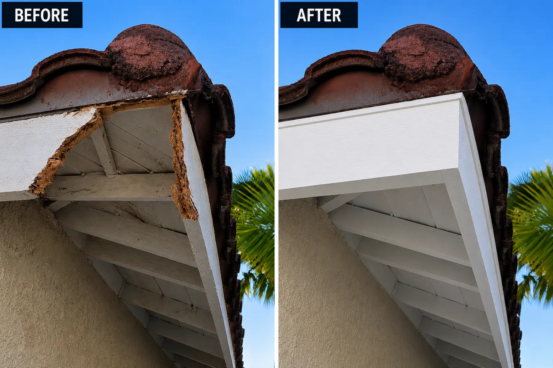 Before and after fascia board wood rot repair with WRP epoxy wood repair system.