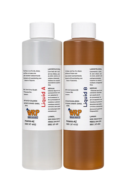 WRP Consolidant Part A and Part B used to strengthen and stabilize deteriorated wood before epoxy repair