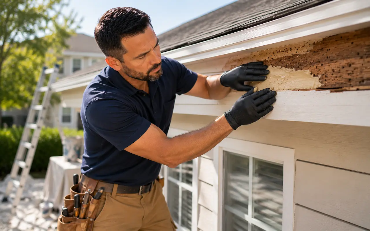 Professional contractor rebuilding damaged exterior wood using epoxy repair.