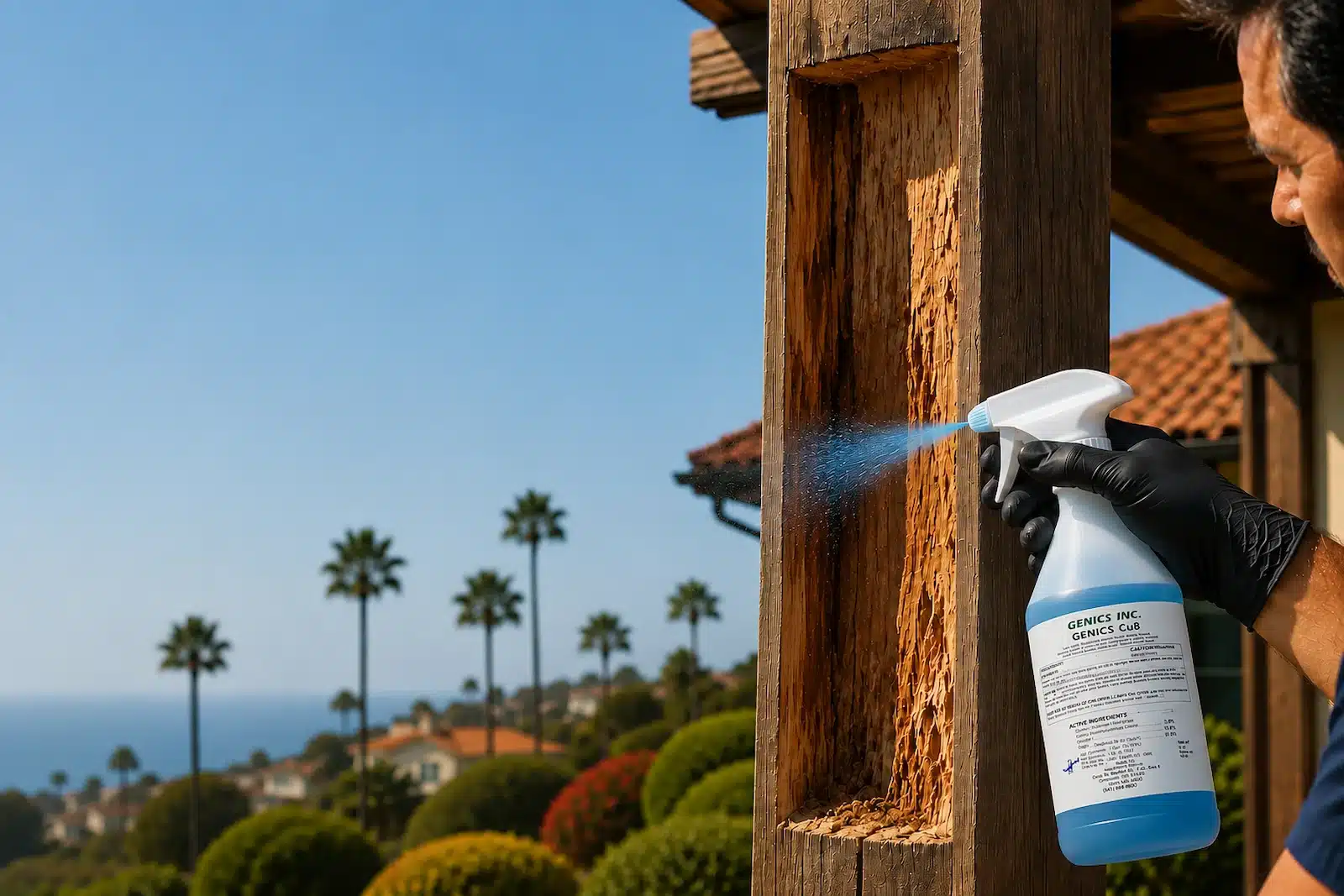 Contractor applying Genics CuB Liquid to cleaned exterior wood before repair to help protect against fungal decay and wood-destroying insects.
