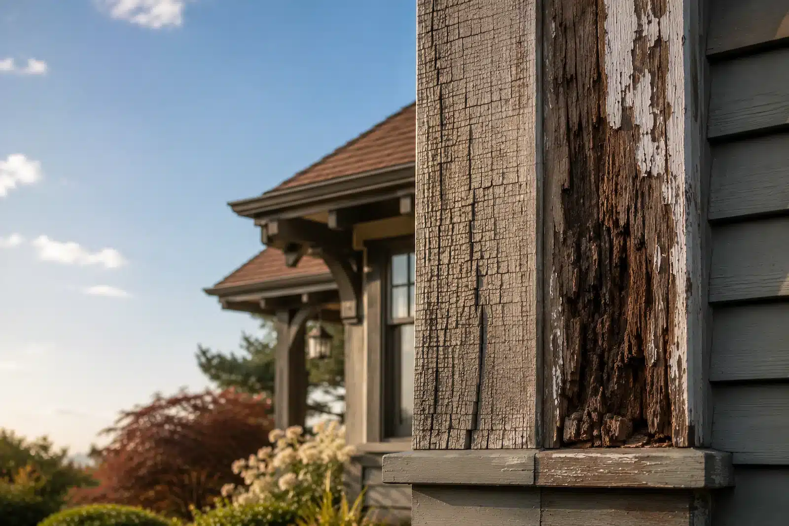 Comparison of dry rot and wet rot on exterior wood trim