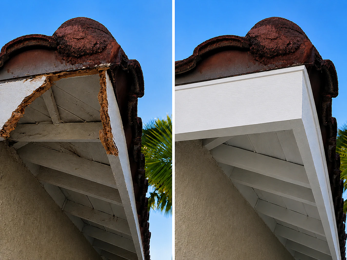 Before and after restoration of a damaged exterior fascia board using the WRP Wood Repair System
