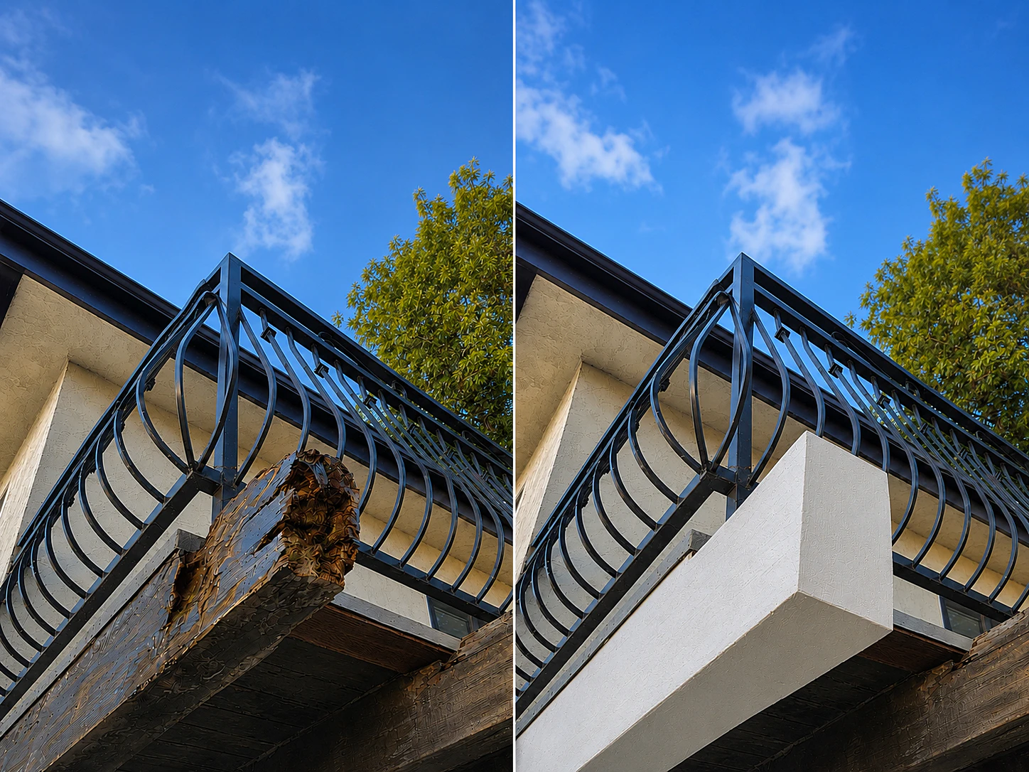 Before and after exterior pergola beam repaired with the WRP Wood Repair System