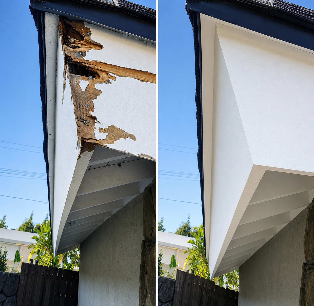 Before and after comparison of a rotted exterior fascia board professionally repaired using the WRP Wood Repair System on a residential home.