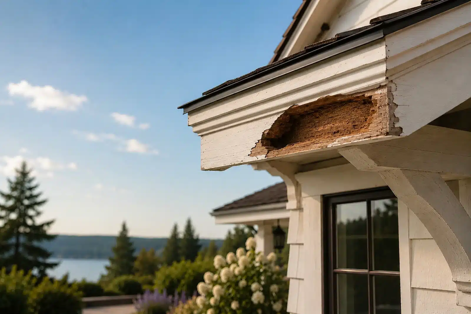 Prepared exterior wood repair cavity showing loose rotten material removed back to firm surrounding wood.