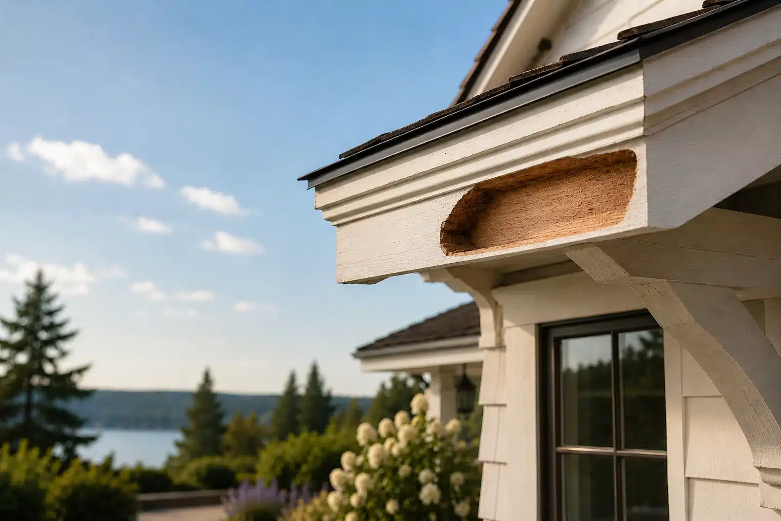 Prepared exterior wood repair cavity cleaned back to firm wood and ready for treatment and rebuilding.