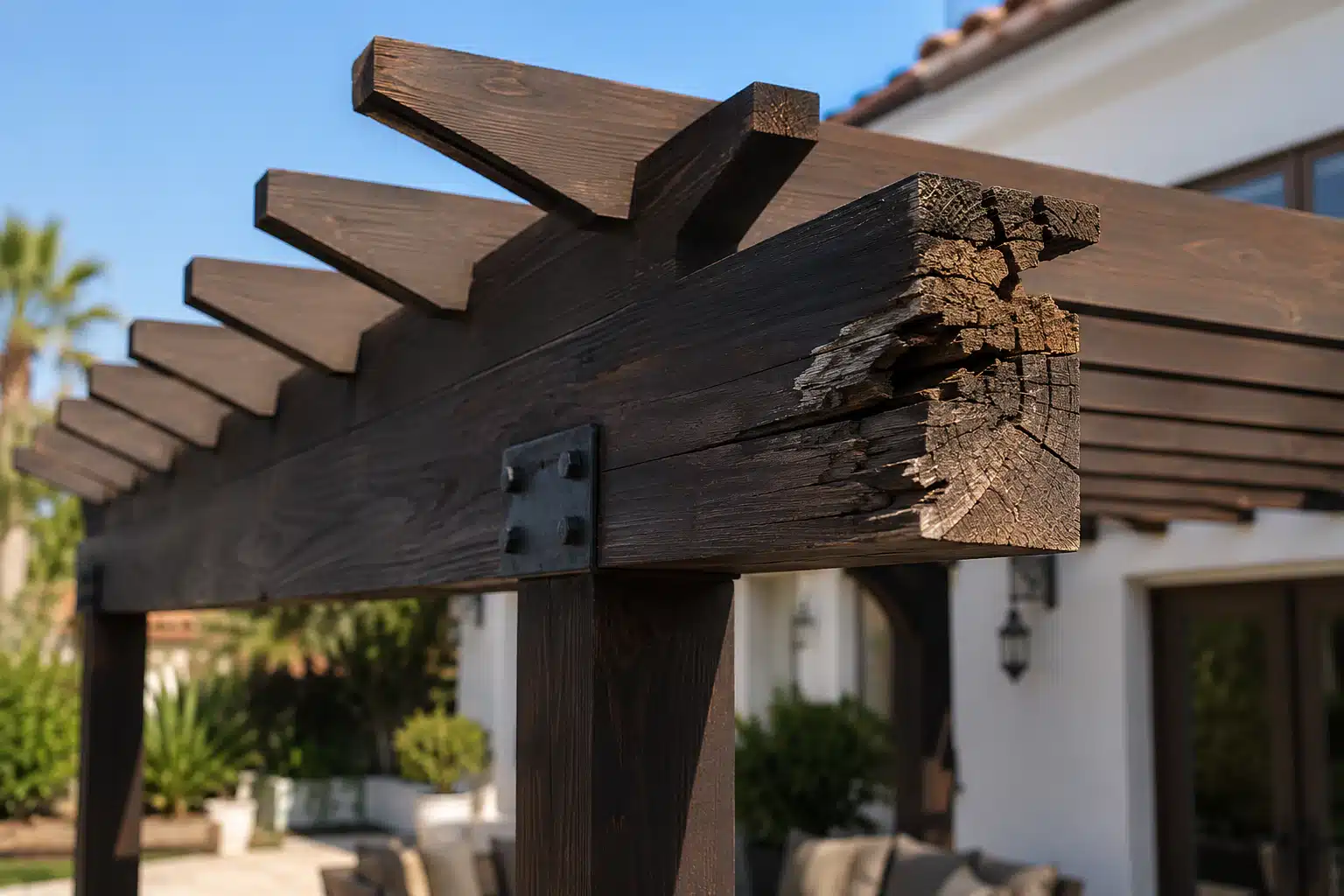Rotted wood pergola beam end with weather damage and localized wood decay before repair