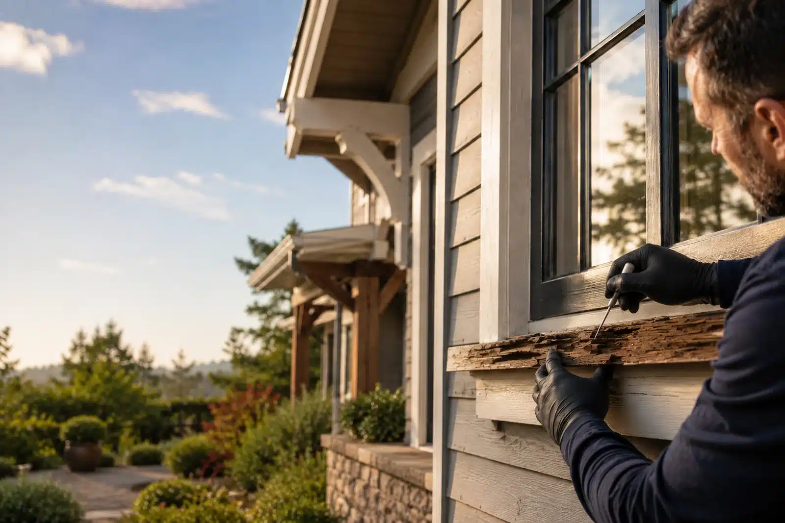 Contractor inspecting a deteriorated exterior wood window sill with an awl to check for wood rot.