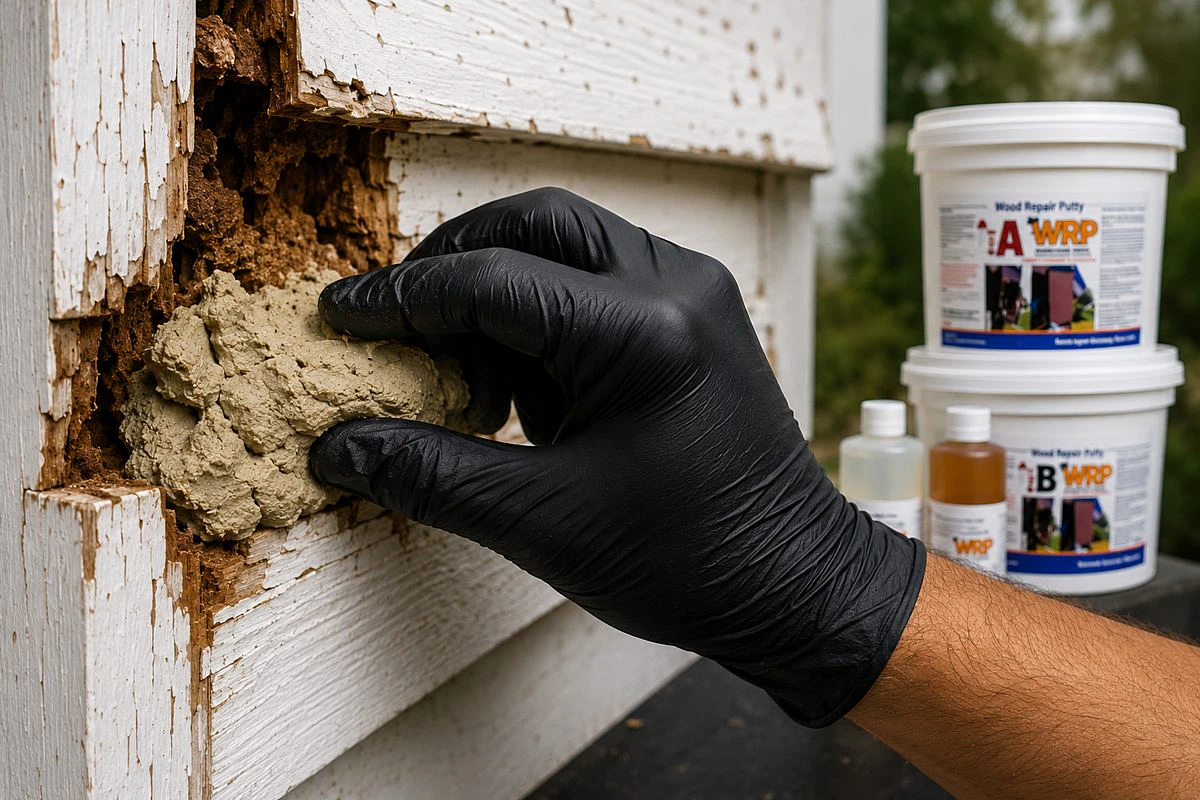 Homeowner repairing rotten window trim with the WRP wood repair system